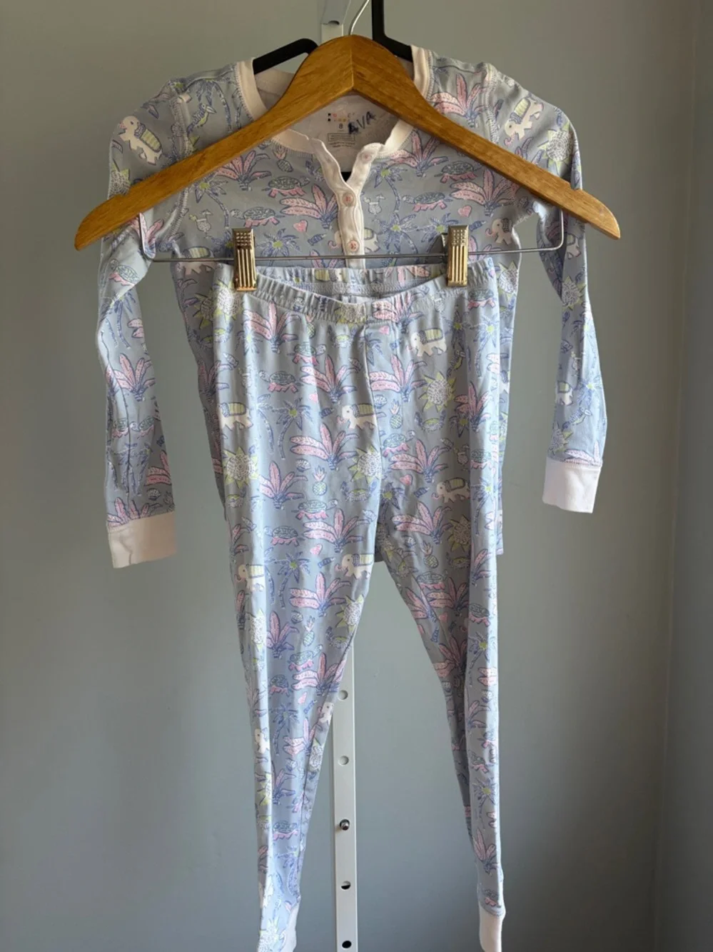 Roller Rabbit Light Blue Elephant & Palm Print Kids Pajama Set Sz 8